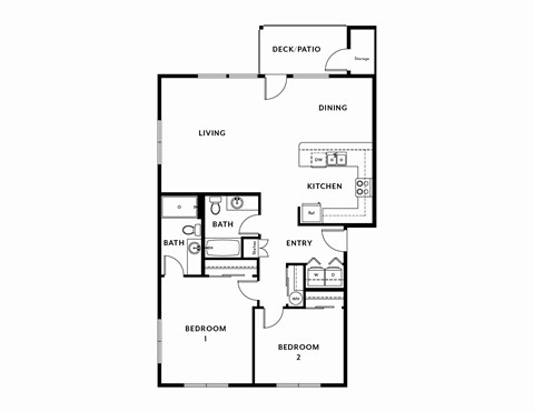 A black and white drawing of a house plan with a deck and patio.